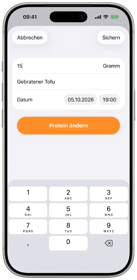 Ein gespeicherter Proteineintrag mit Feldern für Menge, Namen und Datum.