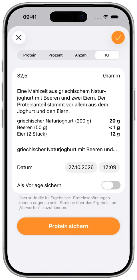 Eine echte KI-Proteinschätzung für griechischen Joghurt, Beeren und Eier, vor dem Sichern in Protein Tracker.