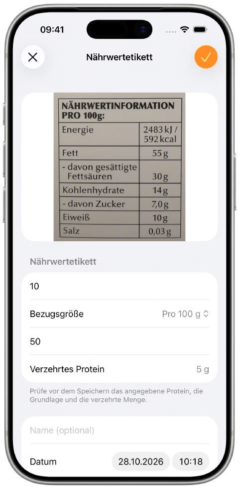 Eine deutsche Nährwerttabelle mit 10 g Eiweiß pro 100 g. Protein Tracker berechnet vor dem Sichern 5 g Protein für eine Portion von 50 g.