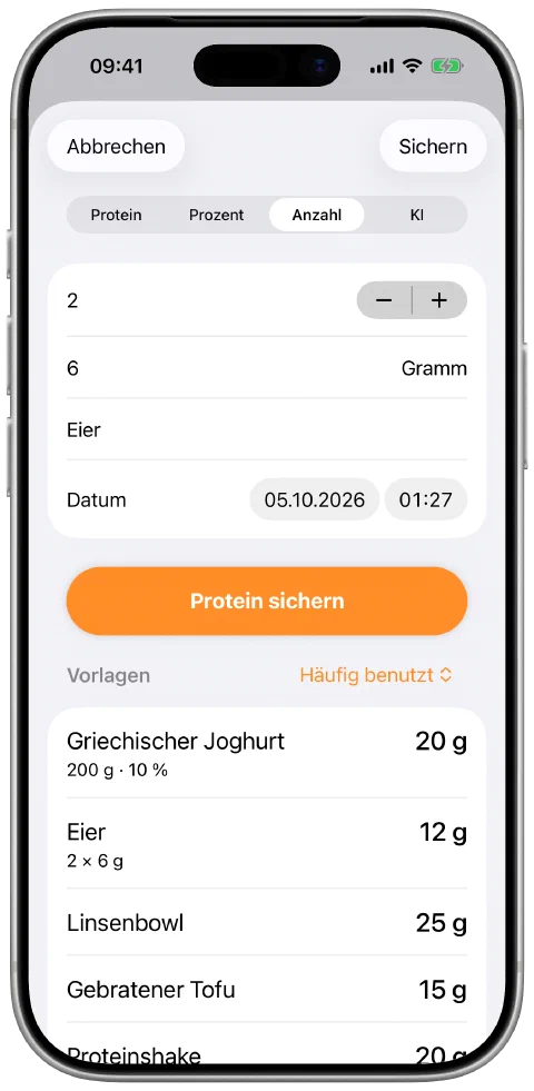 Die Methode Anzahl mit Feldern für die Portionsanzahl und das Protein pro Portion.