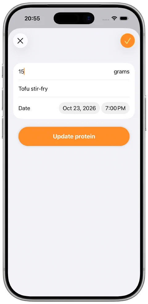 Editing the name, protein amount and date of a past meal.