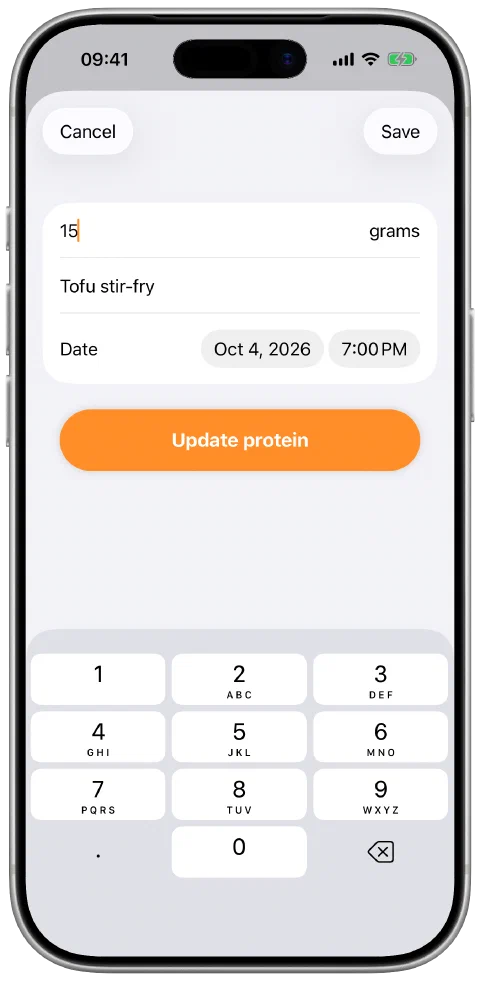 A saved protein entry with editable amount, name and date.