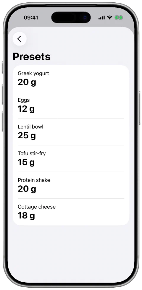 The Presets screen listing saved foods and their protein amounts.