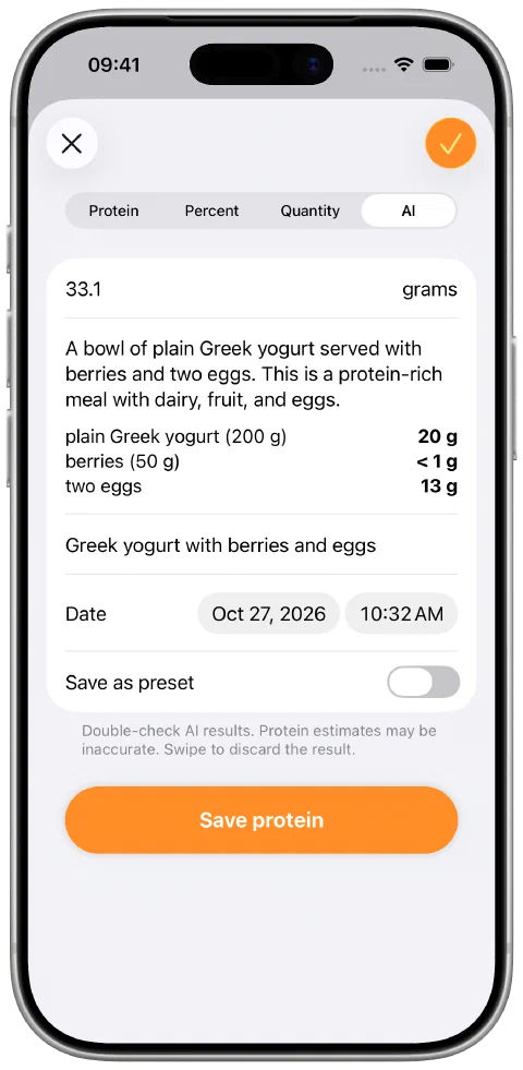 A real 33.1 g AI protein estimate for Greek yogurt, berries and eggs, shown before saving.