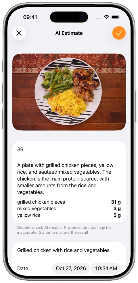 A real 39 g AI protein estimate for chicken, rice and vegetables, shown before saving.