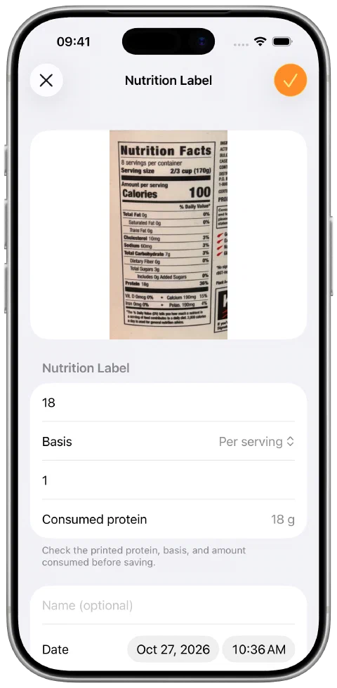 A real English yogurt nutrition label read in Protein Tracker, with the serving and protein amount ready to review.