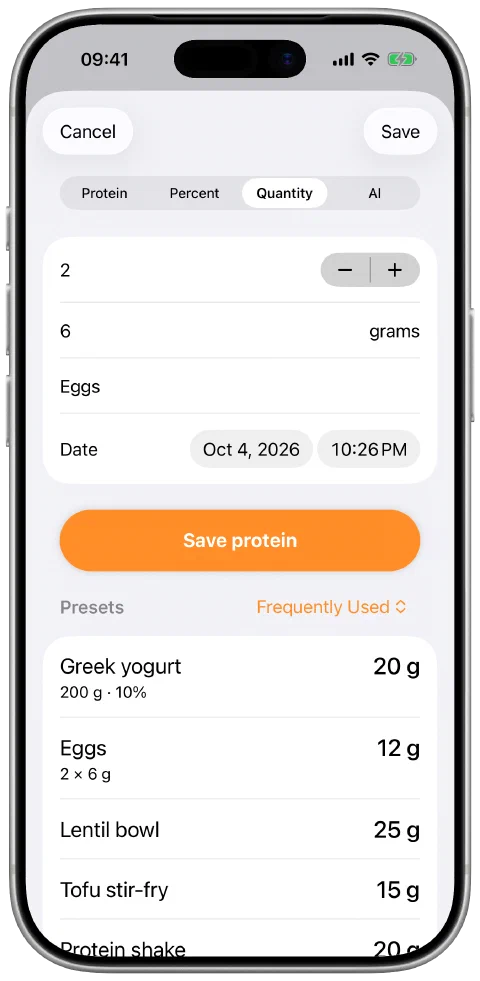 The Quantity method with serving quantity and protein per serving fields.
