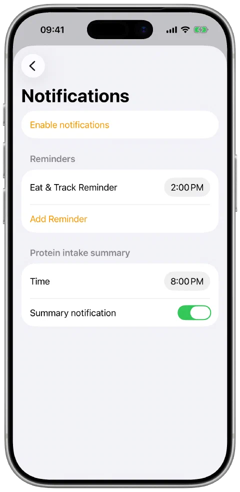 Reminder times and daily summary settings.
