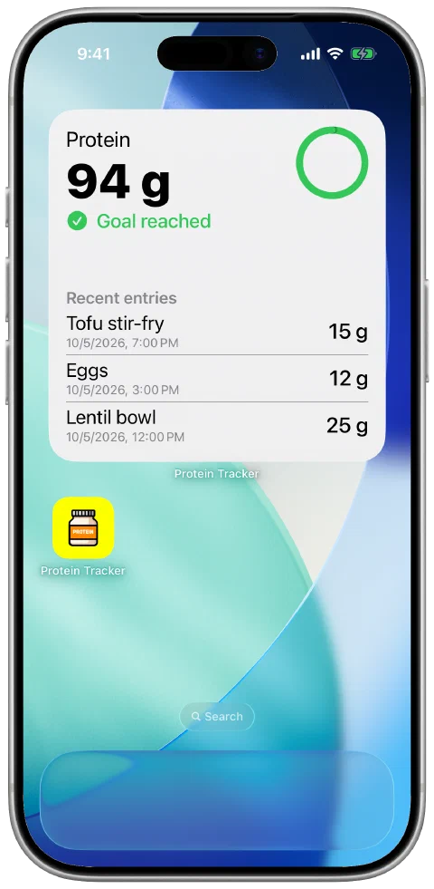 A large Home Screen widget with a completed protein goal and recent meals beside the Protein Tracker app icon.