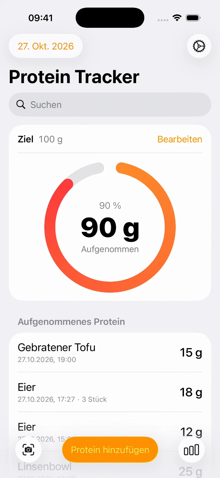 Nach dem Erfassen von drei Portionen Eier zeigt der Hauptbildschirm 90 Gramm aufgenommenes Protein.
