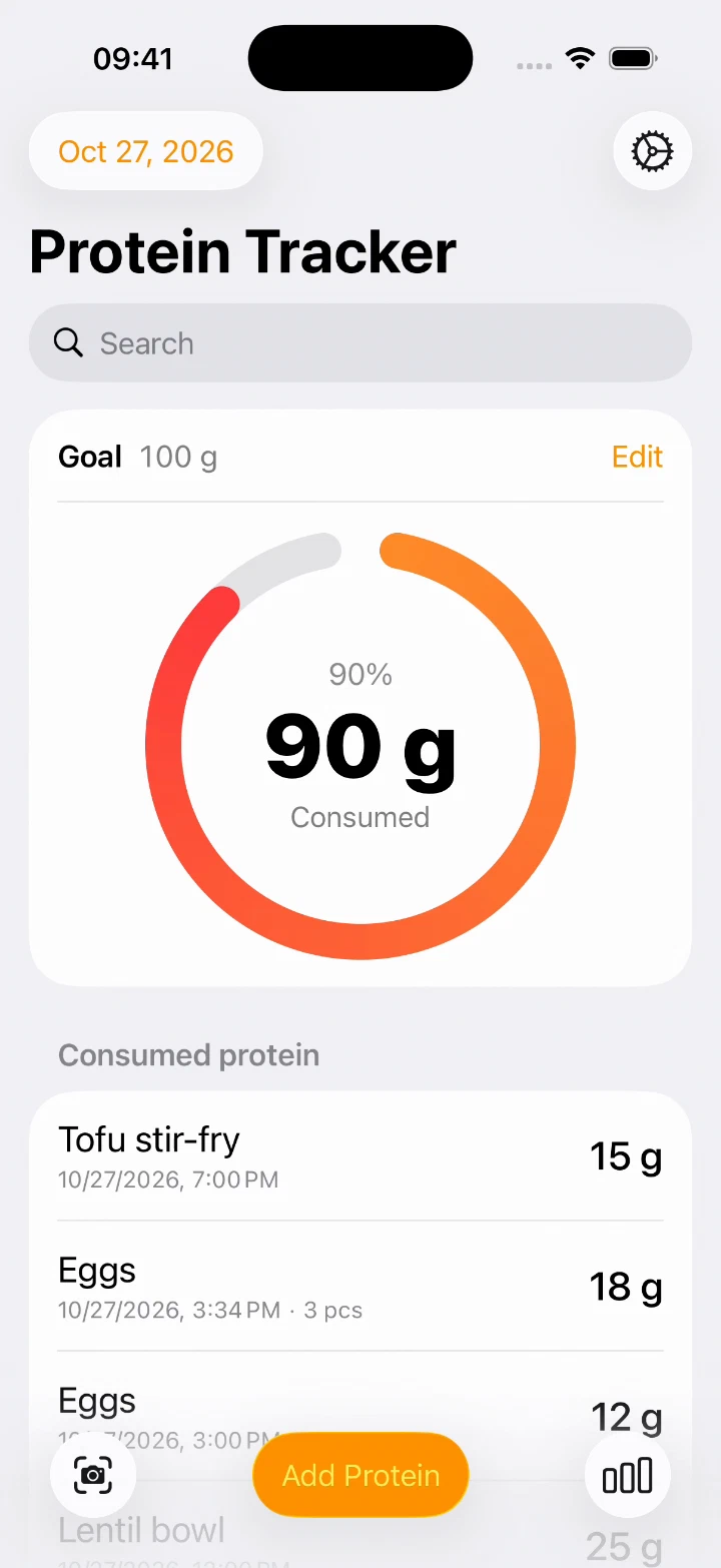 After logging three Eggs portions, the main screen shows 90 grams consumed.